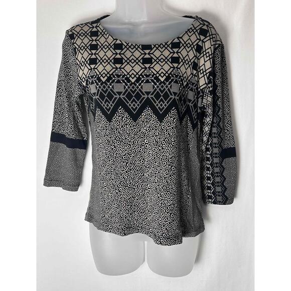 Mykonos Womens Black &  Tan Patterned Long Sleeve  Pullover Blouse Small - Picture 1 of 7